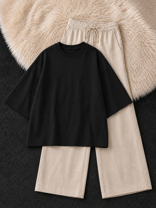 BLACK DROP SHOULDER T-SHIRT & BEIGE FLAPPER TROUSER