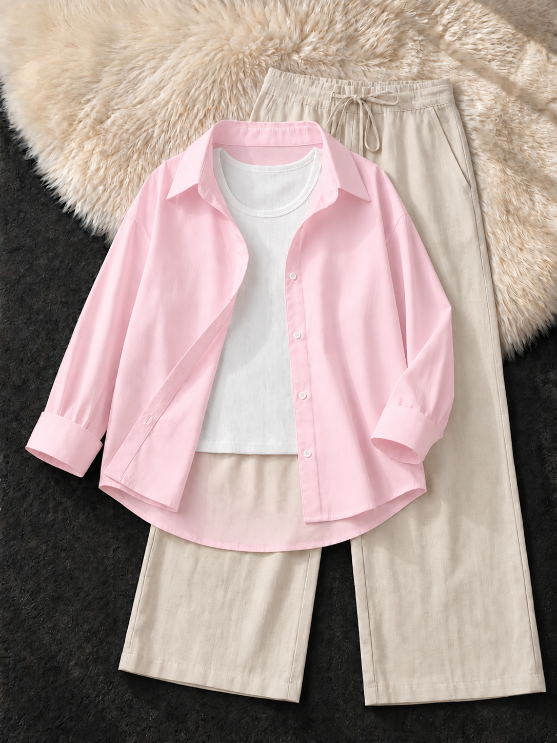 BABY PINK BUTTON DOWN SHIRT , WHITE TANK TOP WITH BEIGE FLAPPER TROUSER
