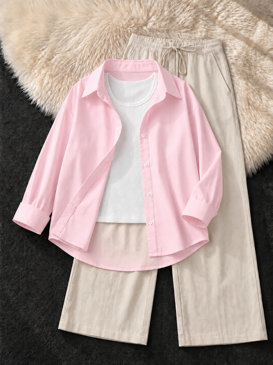 BABY PINK BUTTON DOWN SHIRT , WHITE TANK TOP WITH BEIGE FLAPPER TROUSER