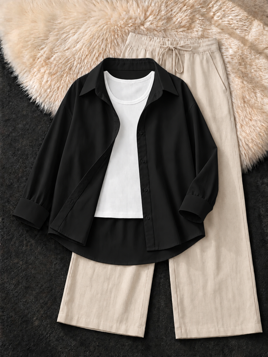 BLACK BUTTON DOWN SHIRT , TANK WHITE TOP WITH BEIGE FLAPPER TROUSER