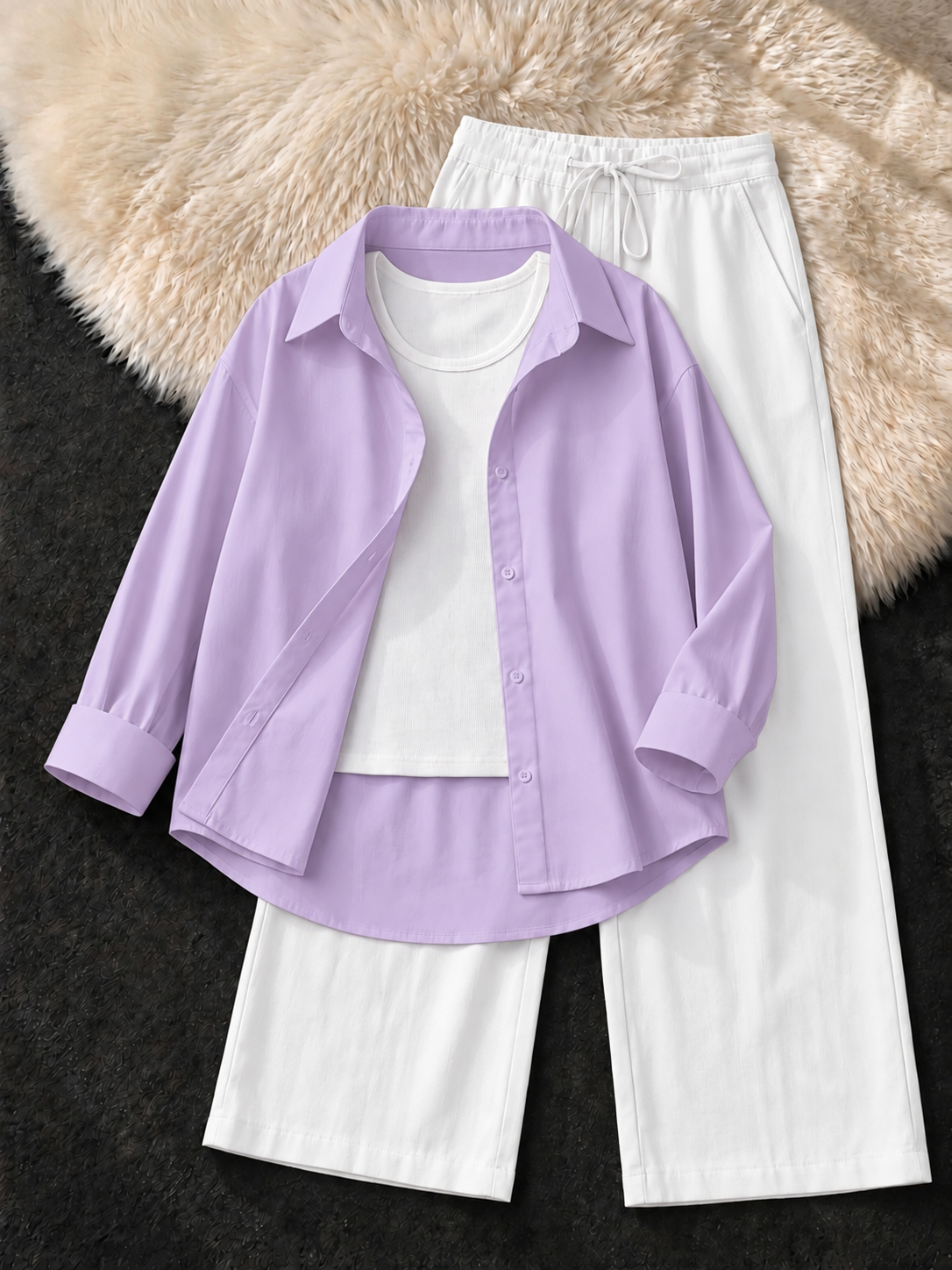 LILAC BUTTON BUTTON DOWN SHIRT , WHITE  TANK TOP WITH WHITE FLAPPER TROUSER