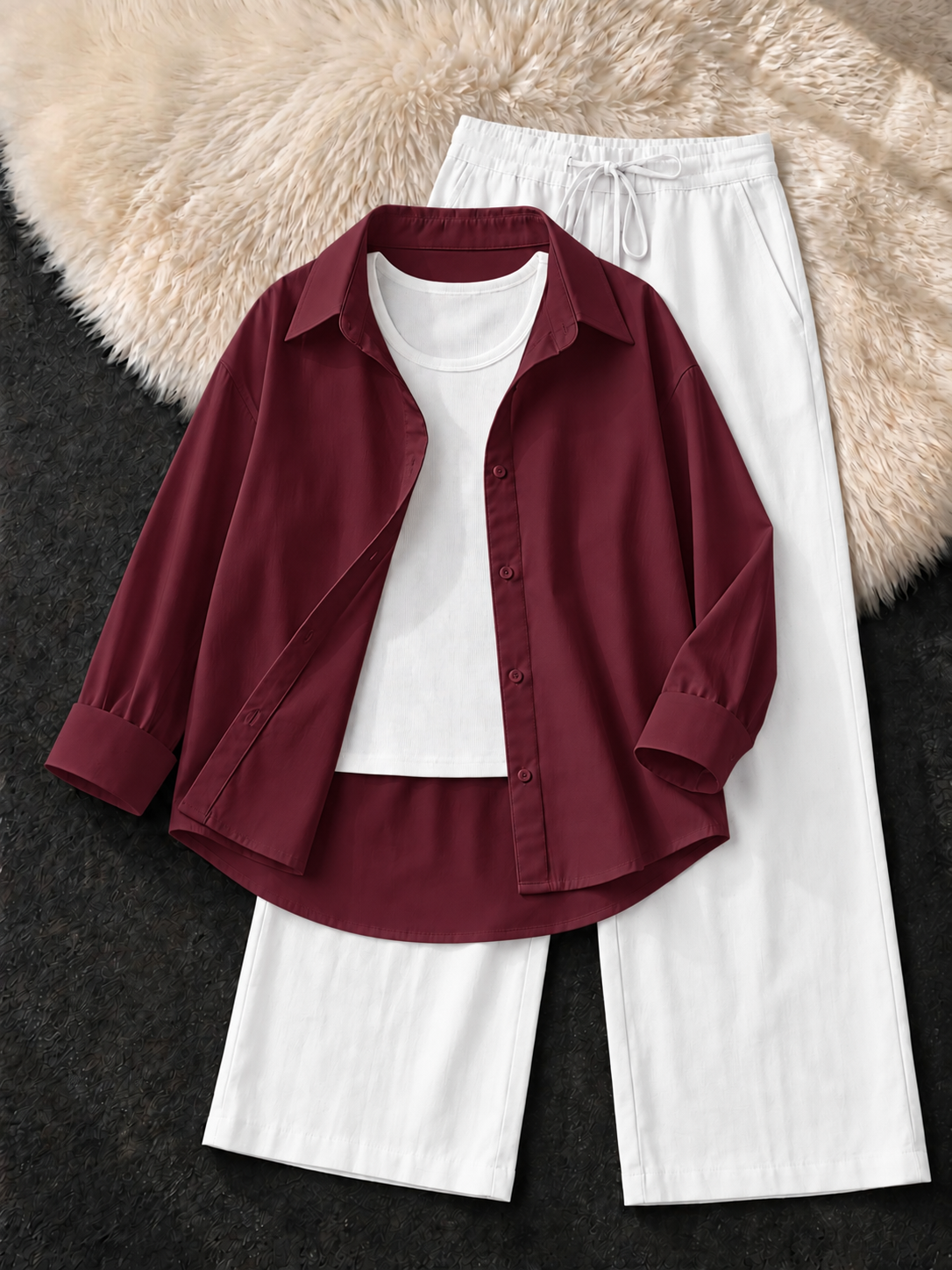 MAROON BUTTON DOWN SHIRT , WHITE TANK TOP WITH WHITE FLAPPER TROUSER