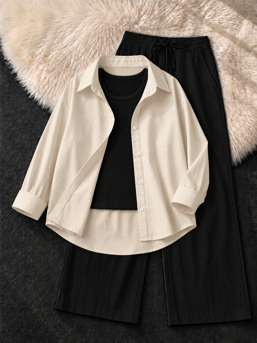 BEIGE BUTTON DOWN SHIRT , BLACK TANK TOP WITH BLACK FLAPPER TROUSER
