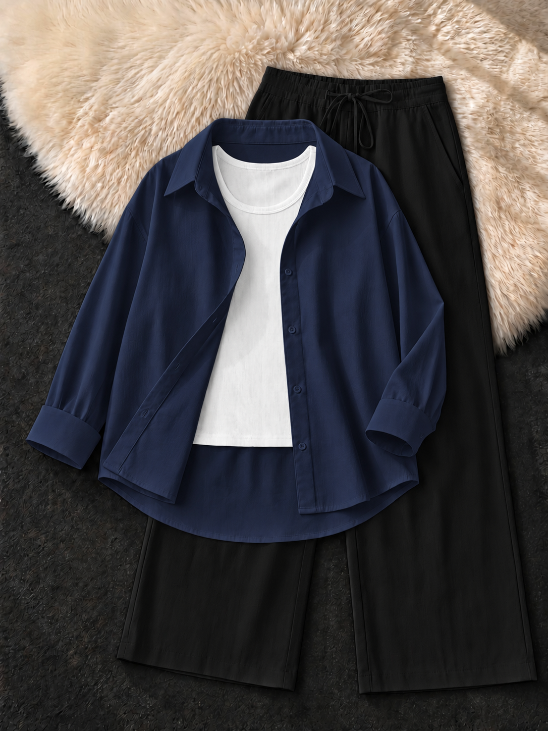 NAVY BLUE BUTTON DOWN SHIRT , WHITE  TANK TOP WITH BLACK FLAPPER TROUSER