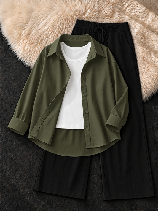 OLIVE GREEN BUTTON DOWN SHIRT , WHITE  TANK TOP WITH BLACK FLAPPER TROUSER
