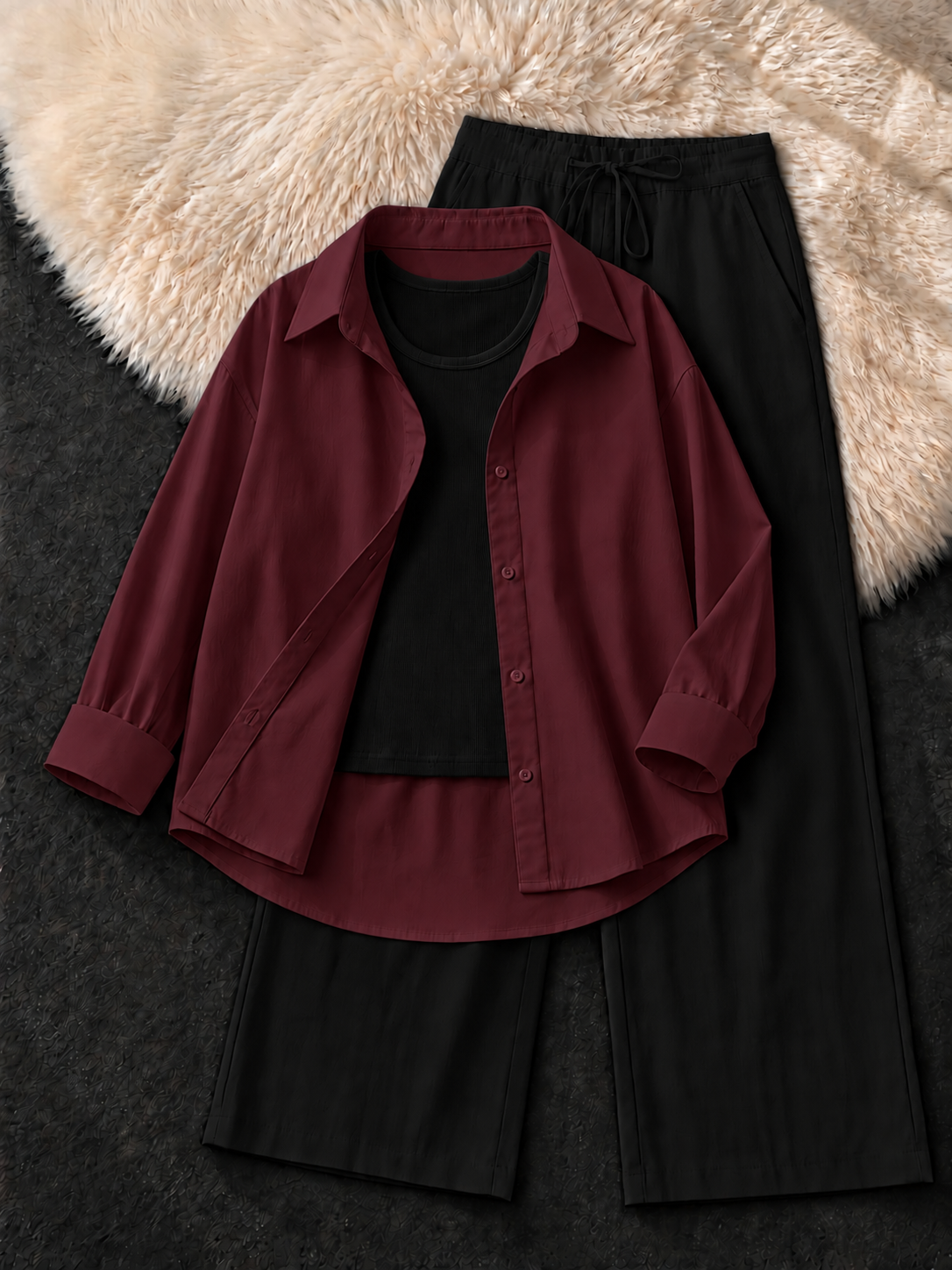 MAROON BUTTON DOWN SHIRT , BLACK TANK TOP WITH BLACK FLAPPER TROUSER