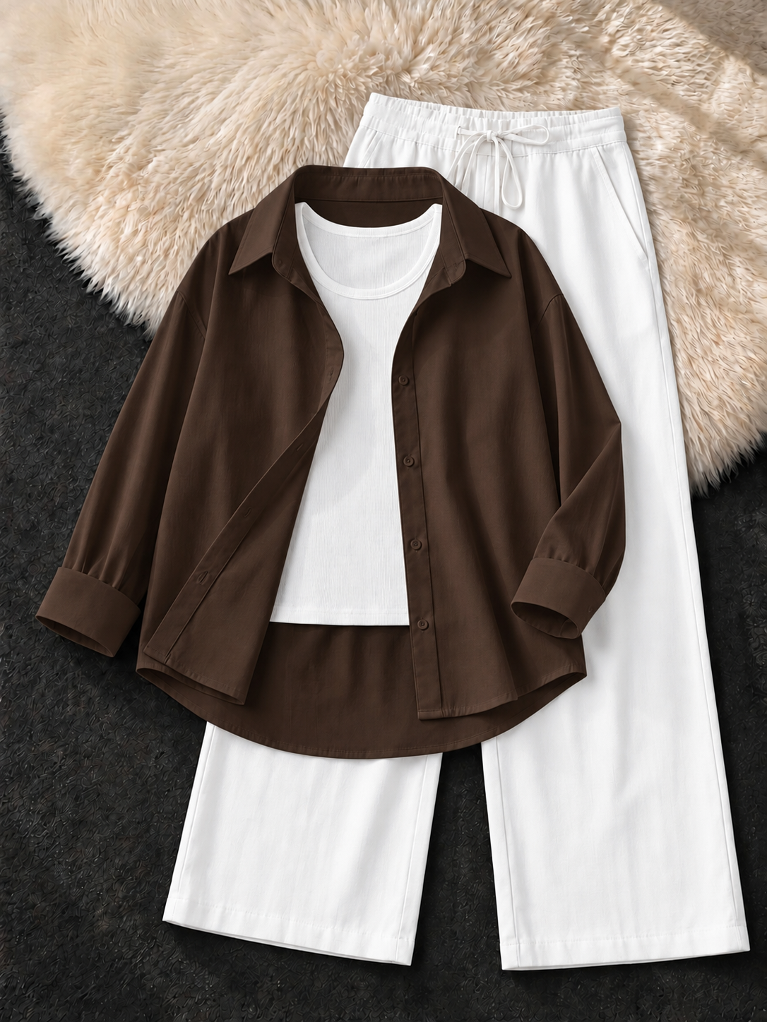 BROWN BUTTON DOWN SHIRT , WHITE TANK TOP WITH WHITE  FLAPPER TROUSER