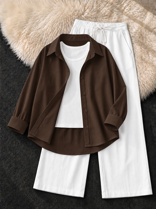 BROWN BUTTON DOWN SHIRT , WHITE TANK TOP WITH WHITE  FLAPPER TROUSER