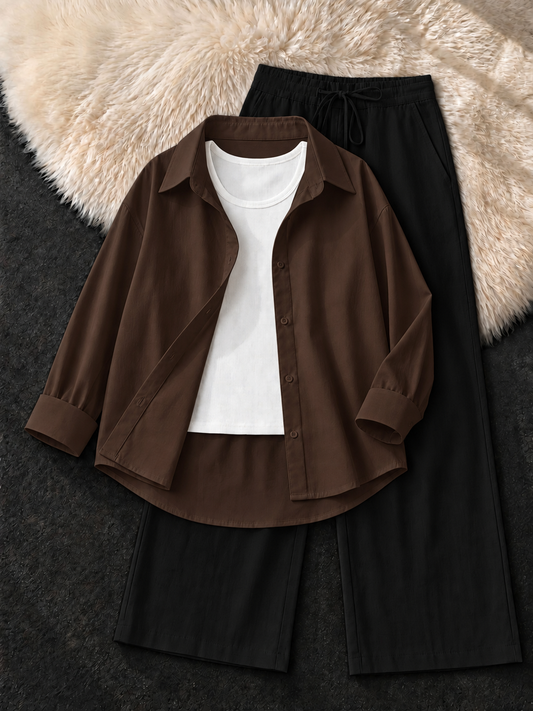 BROWN BUTTON DOWN SHIRT , WHITE TANK TOP WITH BLACK  FLAPPER TROUSER