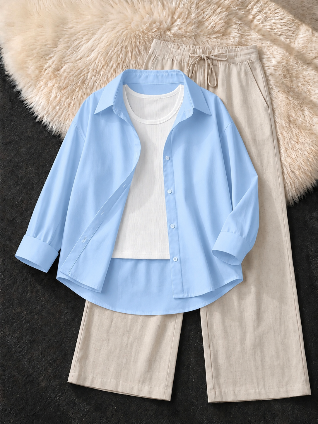 SKY BLUE BUTTON DOWN SHIRT , WHITE TANK TOP WITH BEIGE FLAPPER TROUSER