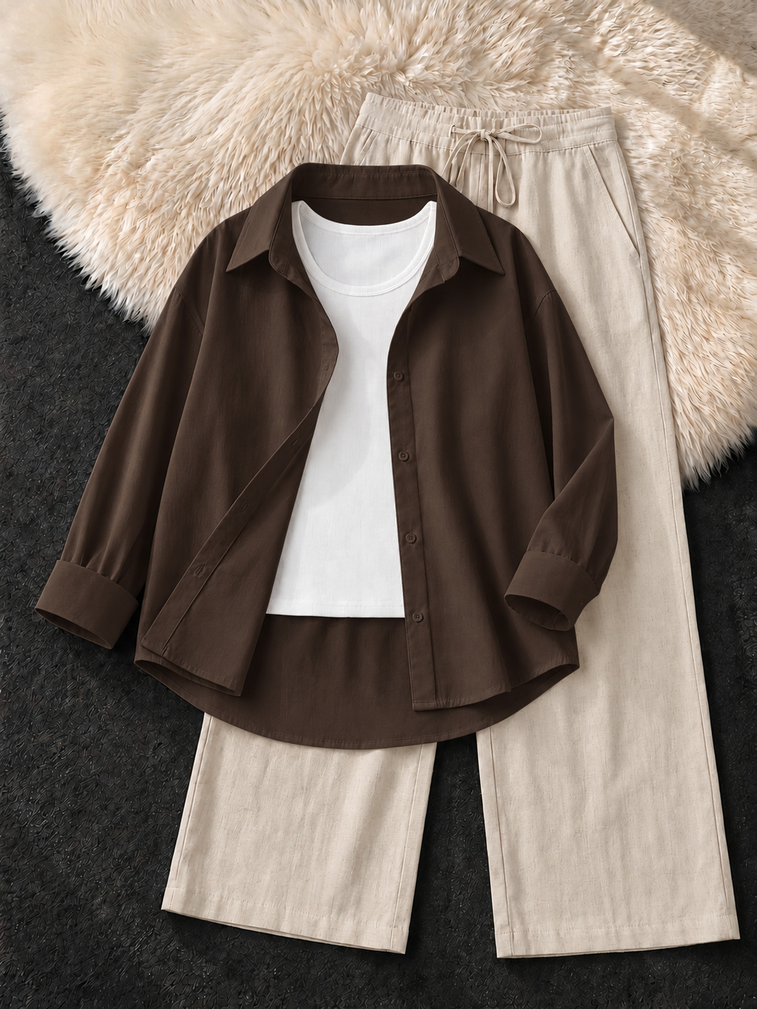 BROWN BUTTON DOWN SHIRT , WHITE  TANK TOP WITH BEIGE FLAPPER TROUSER