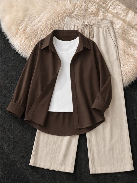 BROWN BUTTON DOWN SHIRT , WHITE  TANK TOP WITH BEIGE FLAPPER TROUSER