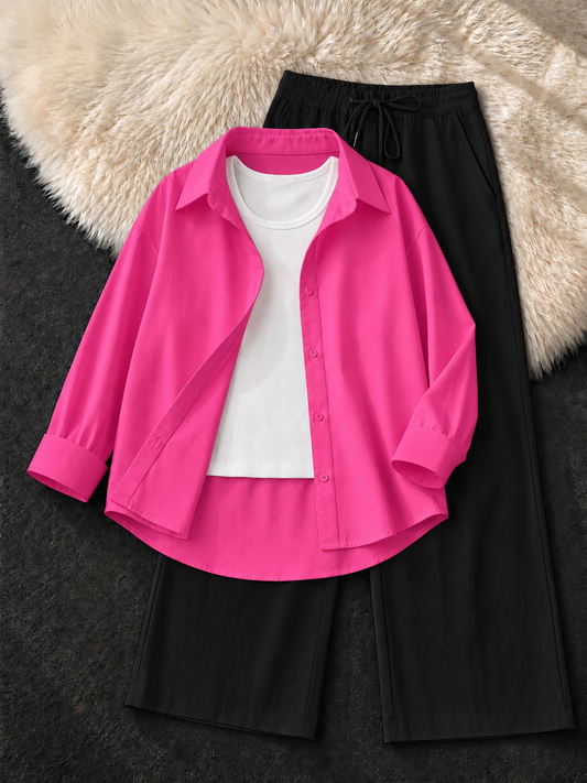 HOT PINK BUTTON DOWN SHIRT , WHITE TANK TOP WITH BLACK FLAPPER TROUSER