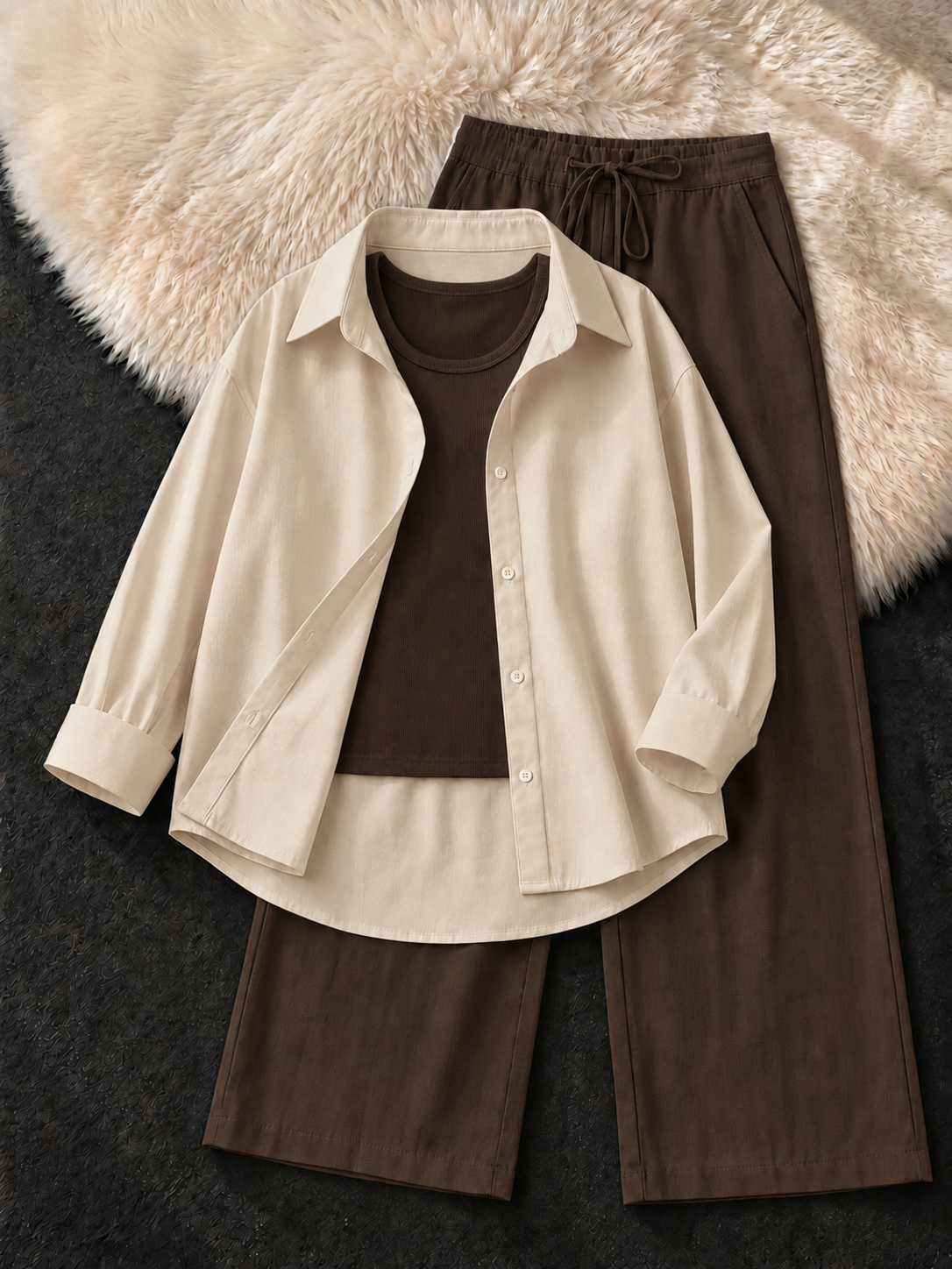 BEIGE BUTTON DOWN SHIRT , BROWN TANK TOP WITH BROWN FLAPPER TROUSER