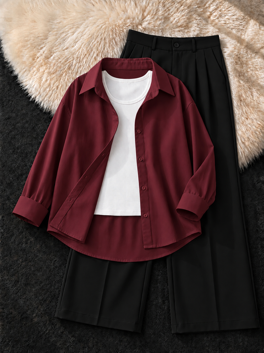 MAROON BUTTON DOWN SHIRT , WHITE  TANK TOP WITH BLACK FORMAL PANTS
