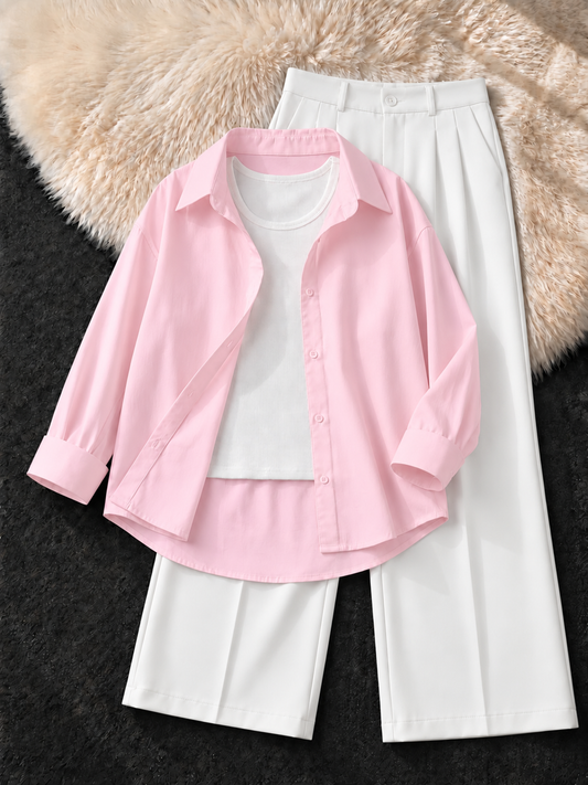 BABY PINK BUTTON DOWN SHIRT , WHITE TANK TOP WITH WHITE FORMAL PANTS