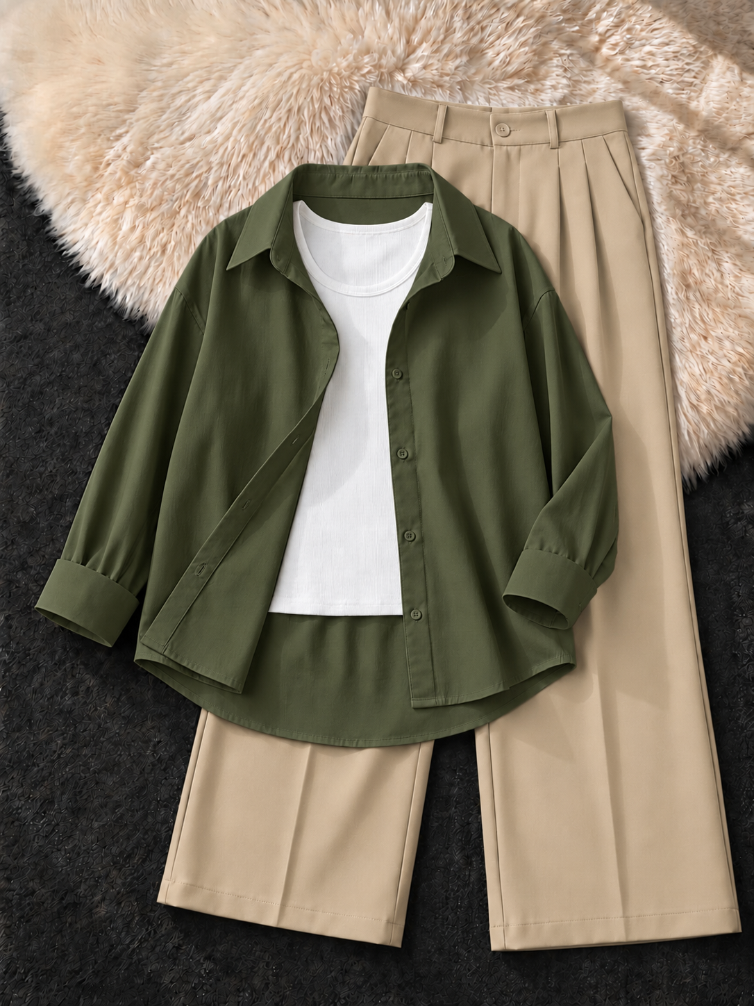 OLIVE GREEN BUTTON DOWN SHIRT , WHITE  TANK TOP WITH BEIGE FORMAL PANTS
