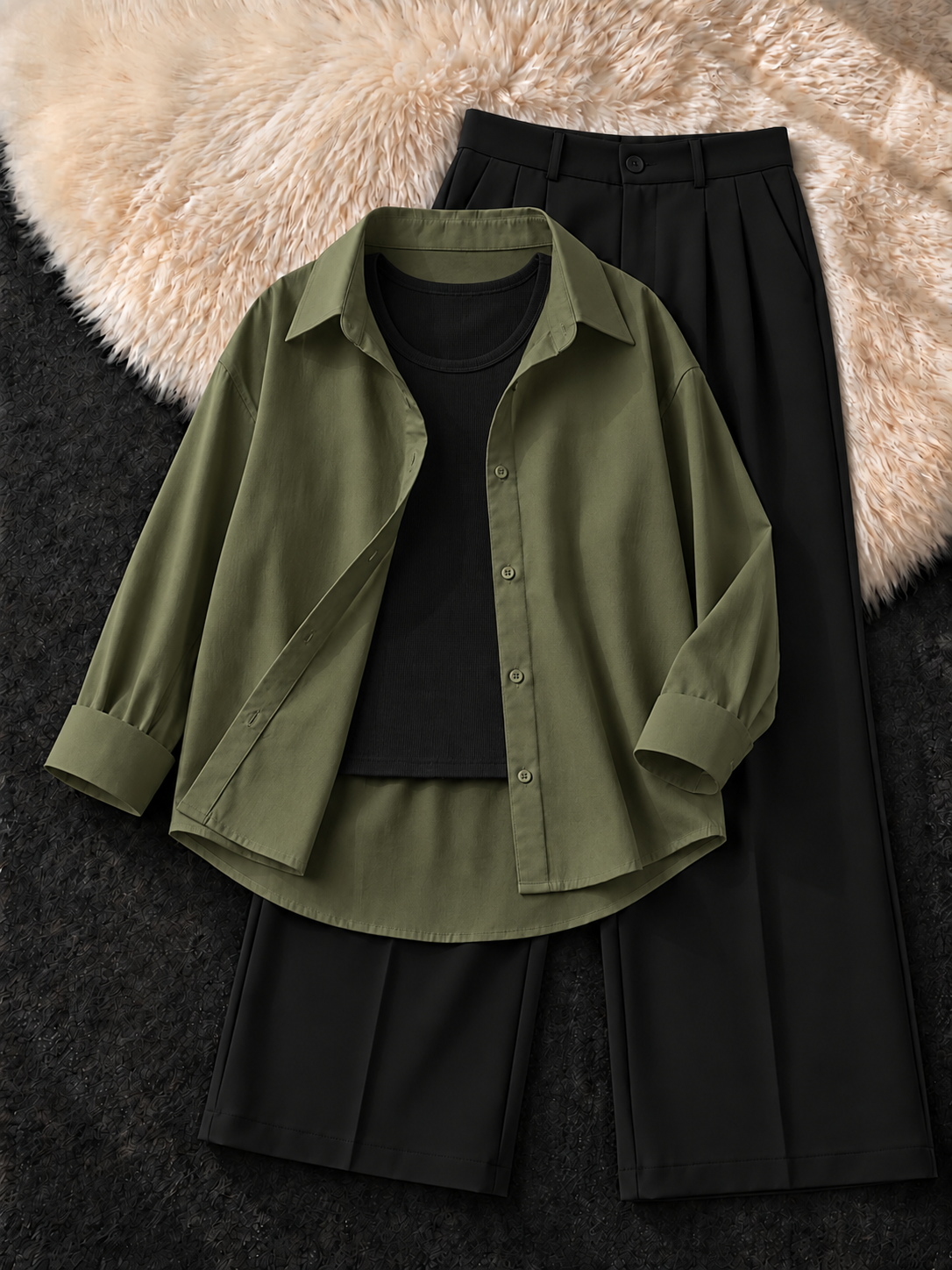 OLIVE GREEN BUTTON DOWN SHIRT , BLACK TANK TOP WITH BLACK FORMAL PANTS