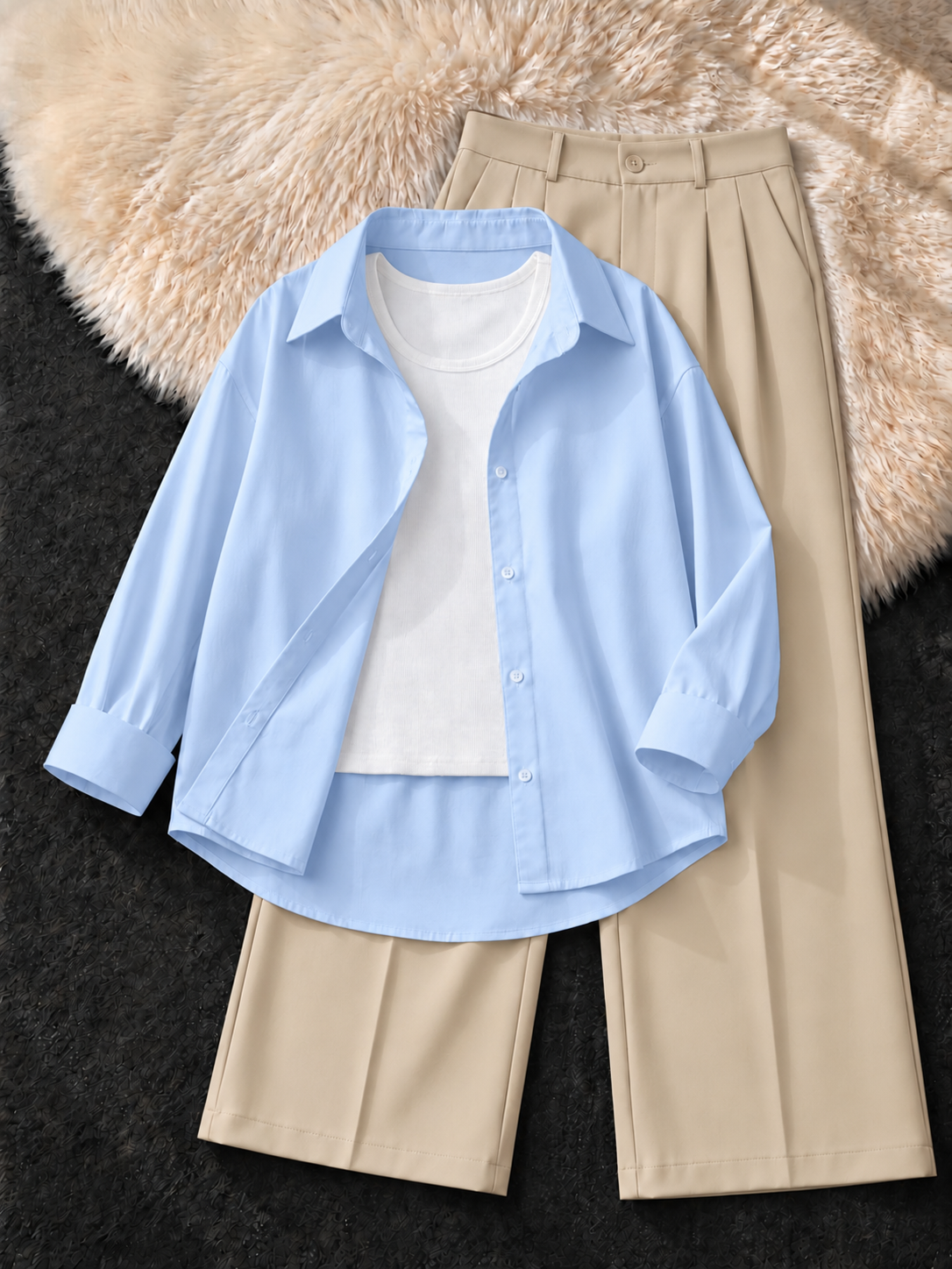 SKY BLUE BUTTON DOWN SHIRT , WHITE TANK TOP WITH BEIGE FORMAL PANTS
