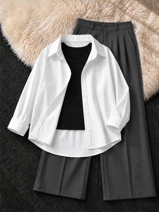 WHITE BUTTON DOWN SHIRT , BLACK TANK TOP WITH GREY FORMAL PANTS