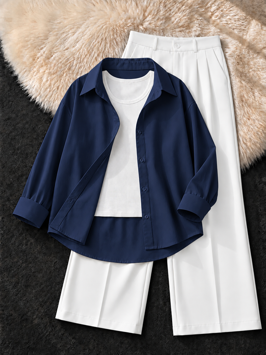 NAVY BLUE BUTTON DOWN SHIRT , WHITE TANK TOP WITH WHITE FORMAL PANTS