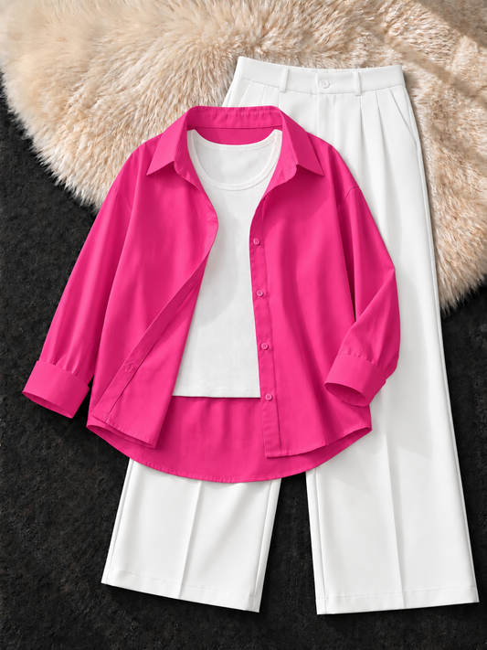 HOT PINK BUTTON DOWN SHIRT , WHITE TANK TOP WITH WHITE FORMAL PANTS