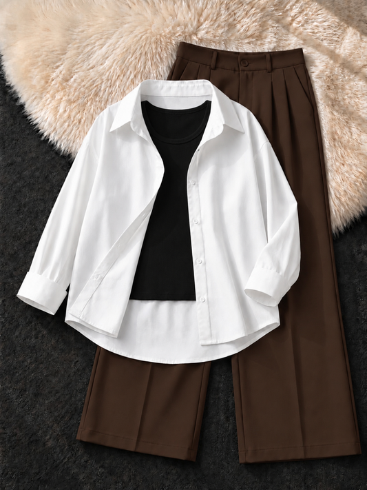 WHITE BUTTON DOWN SHIRT , BLACK TANK TOP WITH BROWN FORMAL PANTS