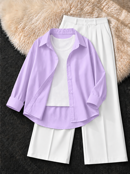 LILAC BUTTON DOWN SHIRT , WHITE TANK TOP WITH WHITE FORMAL PANTS