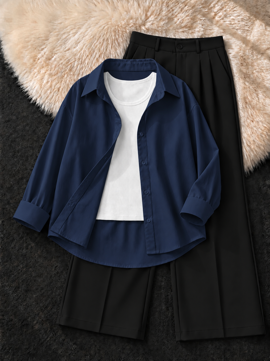 NAVY BLUE BUTTON DOWN SHIRT , WHITE TANK TOP WITH BLACK FORMAL PANTS