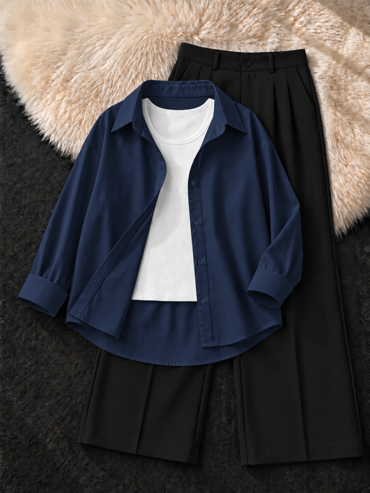 NAVY BLUE BUTTON DOWN SHIRT , WHITE TANK TOP WITH BLACK FORMAL PANTS