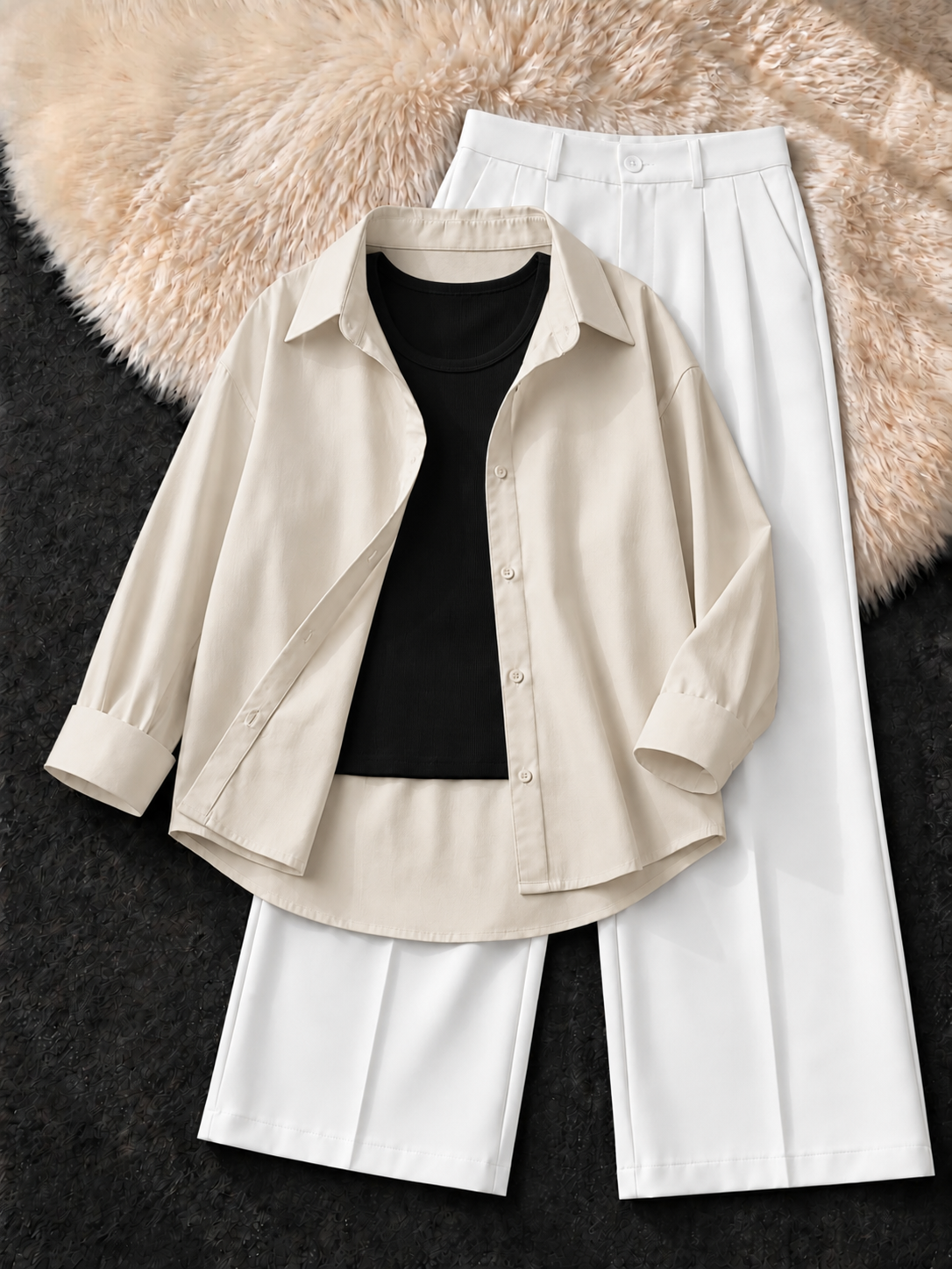 BEIGE BUTTON DOWN SHIRT , BLACK TANK TOP WITH WHITE FORMAL PANTS