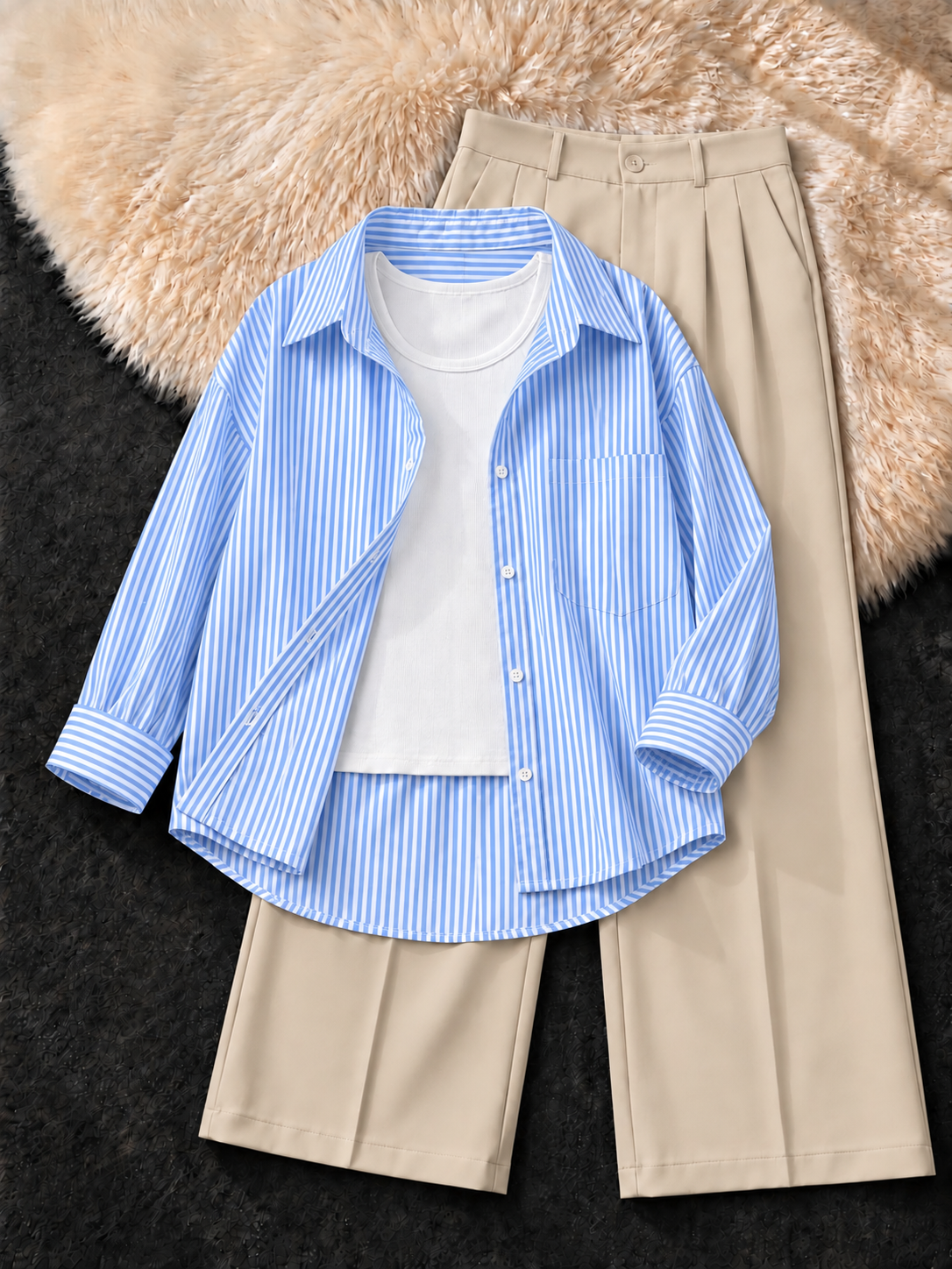 SKY BLUE STRIPED BUTTON DOWN SHIRT , WHITE TANK TOP WITH BEIGE FORMAL PANTS
