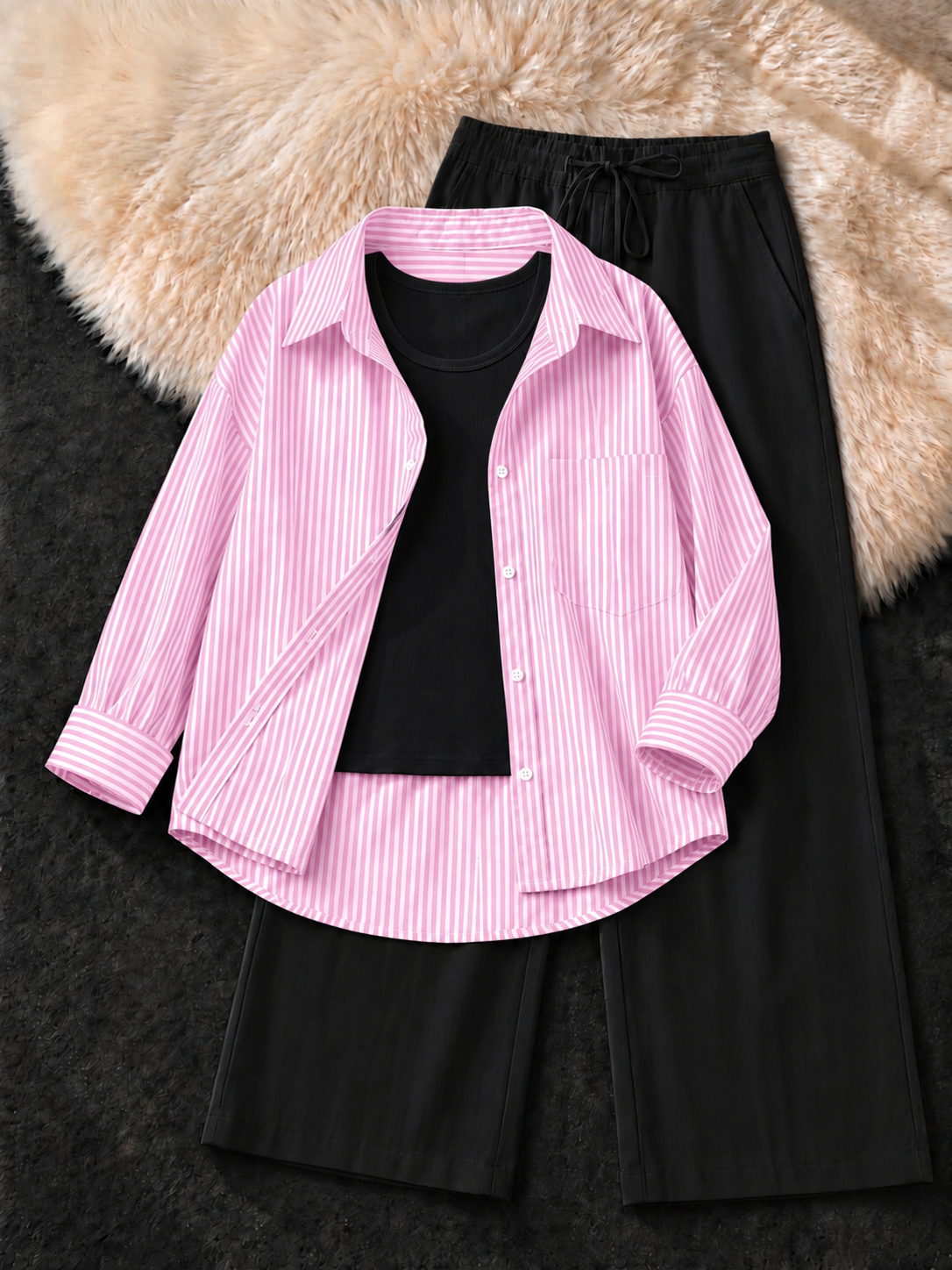 BABY PINK STRIPED BUTTON DOWN SHIRT WITH BLACK TANK TOP & BLACK FLAPPER TROUSER