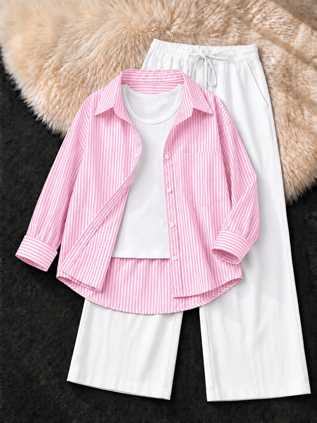 BAY PINK STRIPED BUTTON DOWN SHIRT WITH WHITE TANK TOP & WHITE FLAPPER TROUSER