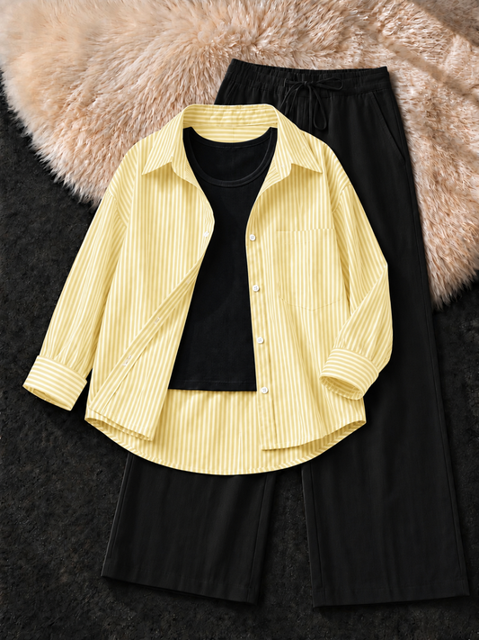 LEMON YELLOW STRIPED BUTTON DOWN SHIRT WITH BLACK TANK TOP & BLACK FLAPPER TROUSER