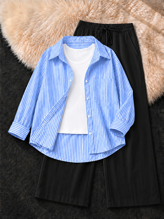 SKY BLUE STRIPED BUTTON DOWN SHIRT WITH WHITE  TANK TOP & BLACK FLAPPER TROUSER