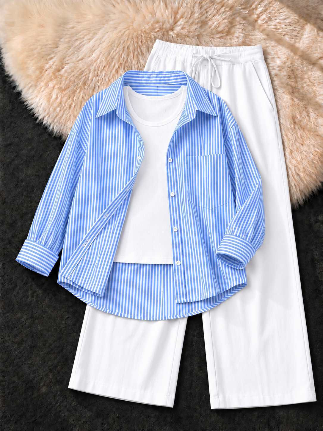 SKY BLUE STRIPED BUTTON DOWN SHIRT WITH WHITE TANK TOP & WHITE FLAPPER TROUSER
