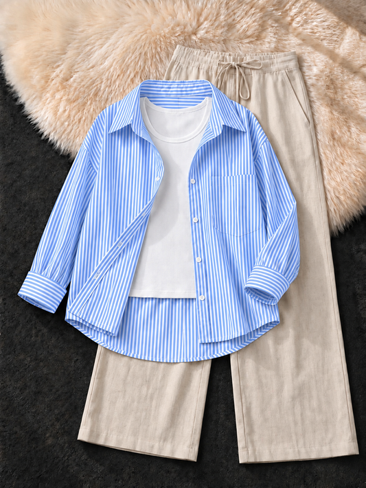 SKY BLUE STRIPED BUTTON DOWN SHIRT WITH WHITE TANK TOP & BEIGE FLAPPER TROUSER