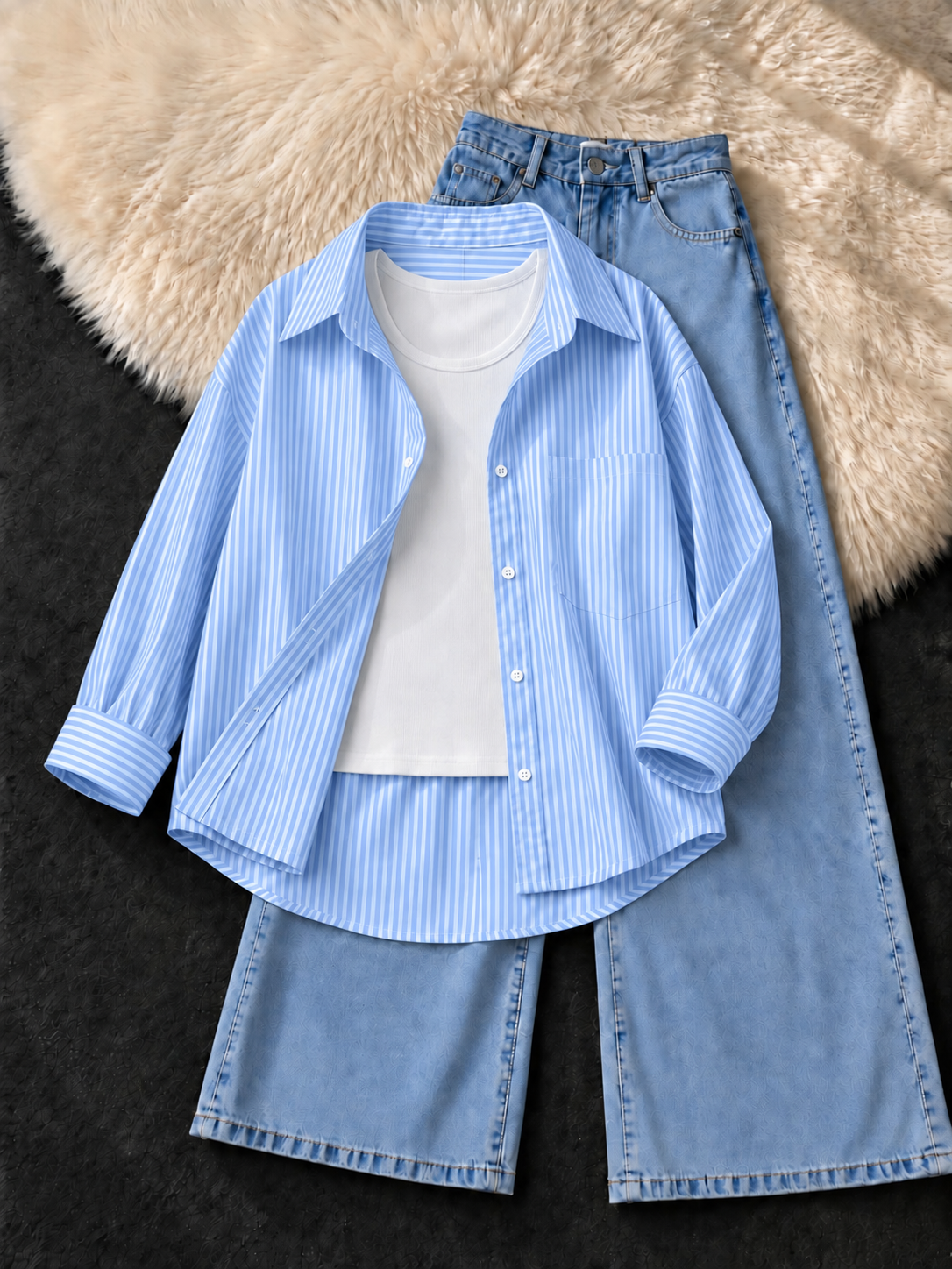 STRIPED SKY BLUE BUTTON DOWN SHIRT WITH WHITE TANK TOP & SKY BLUE WIDE LEG JEANS