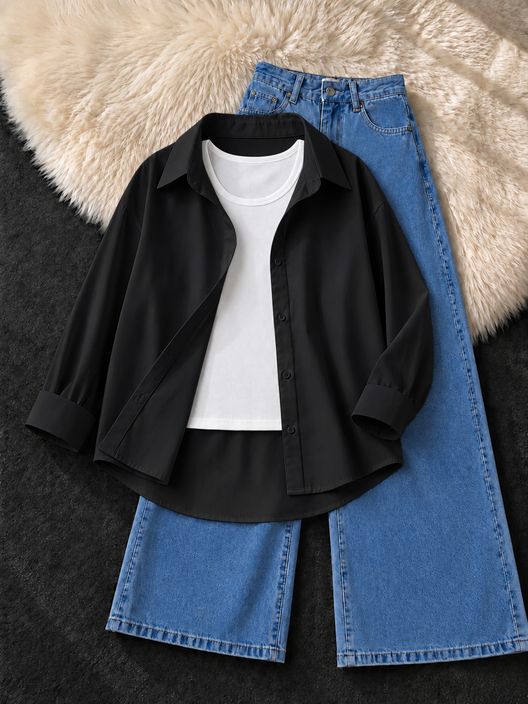 BLACK BUTTON DOWN SHIRT WITH WHITE TANK TOP & MID BLUE WIDE LEG JEANS