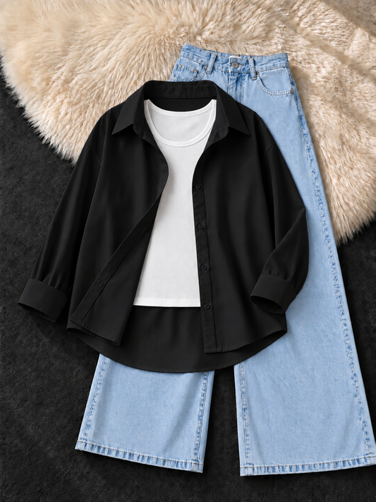BLACK BUTTON DOWN SHIRT WITH WHITE TANK TOP & ICE BLUE WIDE LEG JEANS