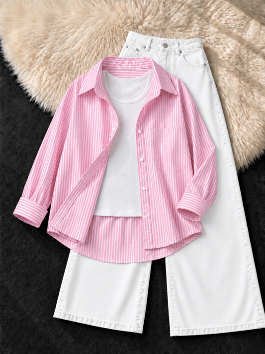 STRIPED BABY PINK BUTTON DOWN SHIRT WITH WHITE  TANK TOP & WHITE WIDE LEG JEANS