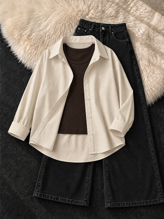 BEIGE BUTTON DOWN SHIRT WITH BROWN TANK TOP & BLACK WIDE LEG JEANS