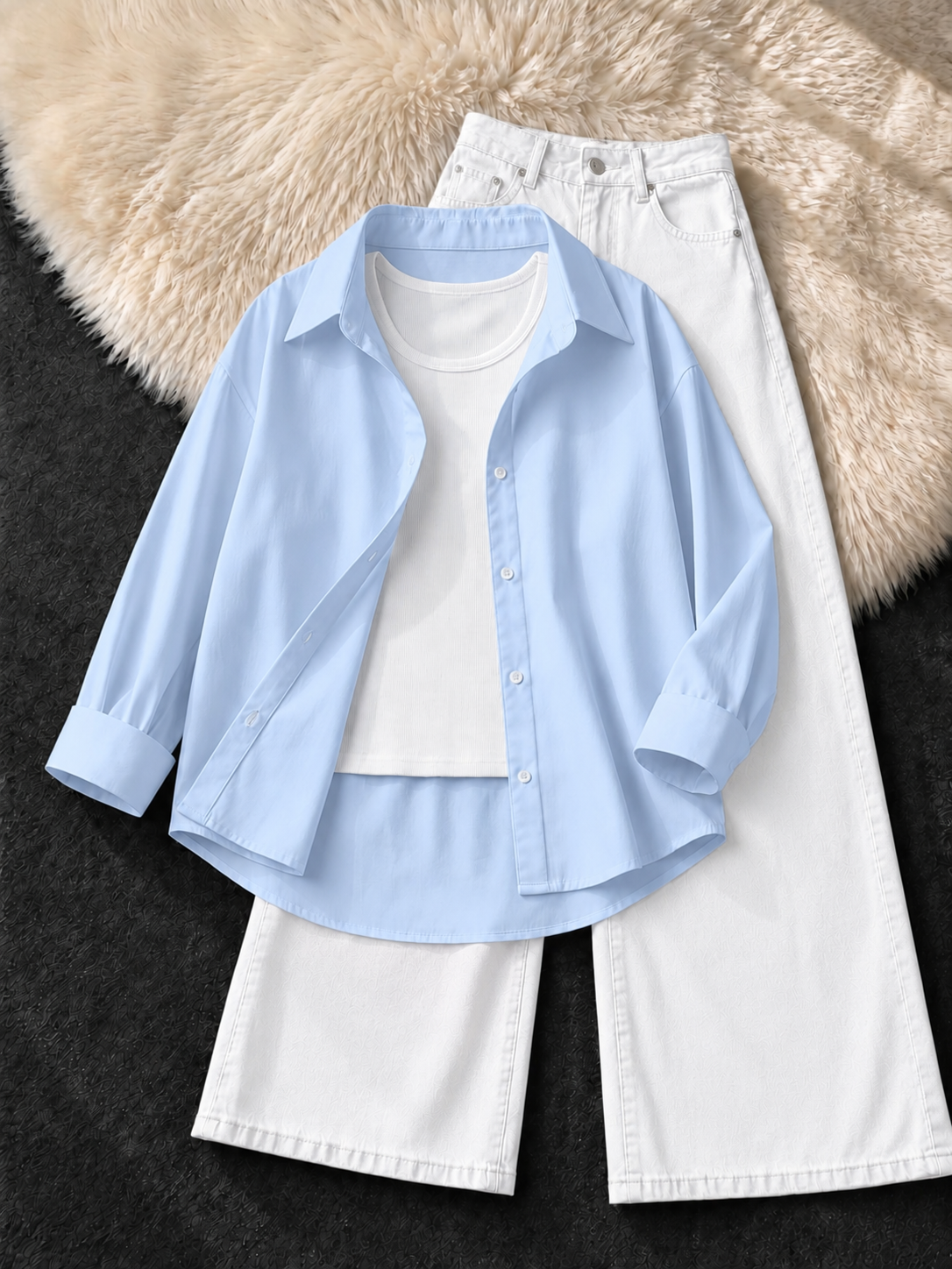 SKY BLUE BUTTON DOWN SHIRT WITH WHITE TANK TOP & WHITE WIDE LEG JEANS