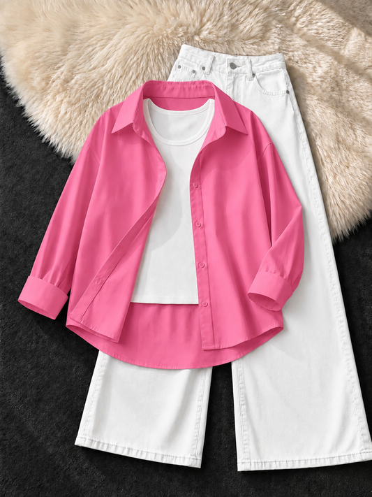 HOT PINK BUTTON DOWN SHIRT WITH WHITE TANK TOP & WHITE  WIDE LEG JEANS