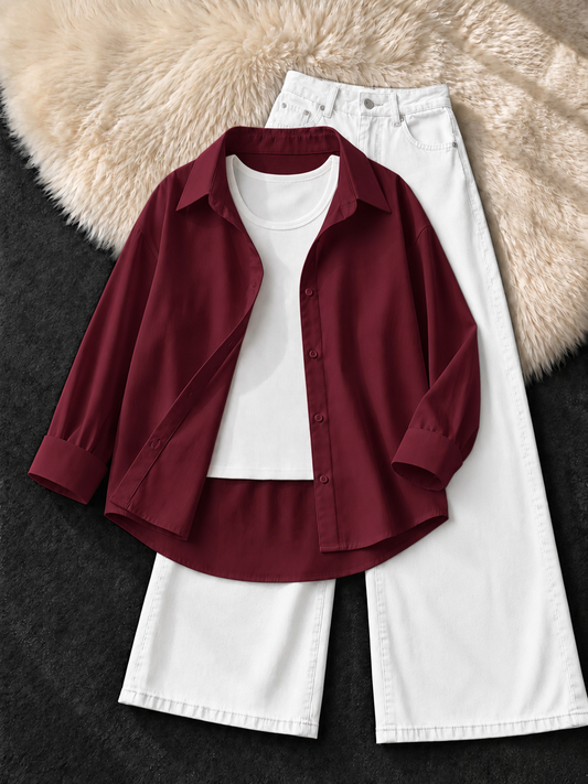 MAROON BUTTON DOWN SHIRT WITH WHITE TANK TOP & WHITE WIDE LEG JEANS