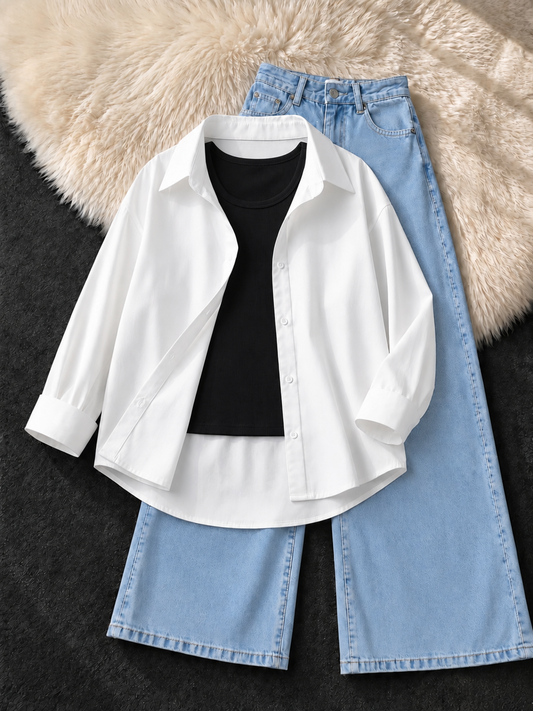 WHITE BUTTON DOWN SHIRT WITH BLACK TANK TOP & ICE BLUE WIDE LEG JEANS