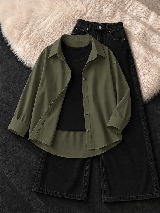 OLIVE GREEN BUTTON DOWN SHIRT WITH BLACK TANK TOP & BLACK WIDE LEG JEANS