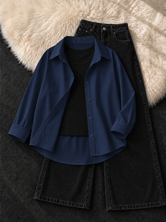 NAVY BLUE BUTTON DOWN SHIRT WITH BLACK TANK TOP & BLACK WIDE LEG JEANS