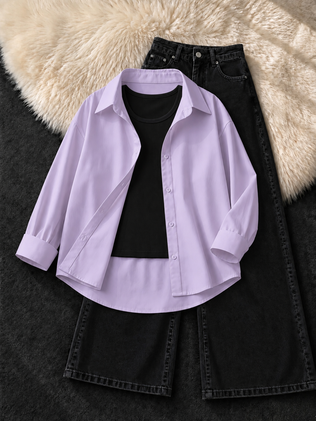 LILAC BUTTON DOWN SHIRT WITH BLACK TANK TOP & BLACK WIDE LEG JEANS